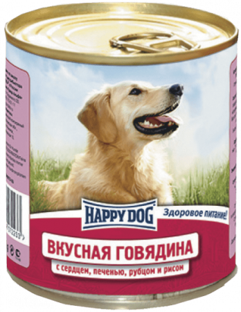 Консервы для собак Happy Dog "Вкусная говядина" с сердцем, печенью, рубцом и рисом, 750 г