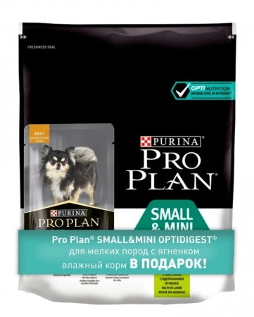 Pro Plan для взрослых собак мелких пород с чувствительным пищеварением с ягненком и рисом 700г+1пауч в подарок