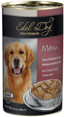 Консервы Edel Dog для собак нежные кусочки в соусе с 3 видами мяса 1200г