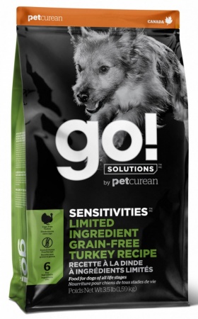 Сухой беззерновой корм для щенков и собак с чувствительным пищеварением GO! "Sensitivity + Shine", с индейкой, 1,59 кг