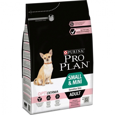 Pro Plan для взрослых собак мелких и карликовых пород с чувствительной кожей, лосось с рисом, 3 кг