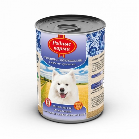 Консервы для собак "Родные корма" Говядина с потрошками в желе по-купечески 970г