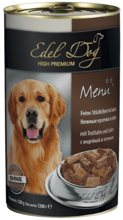 Консервы Edel Dog для собак нежные кусочки в соусе с индейкой и печенью 1200г