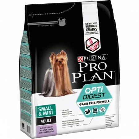 PRO PLAN Grain Free для взрослых собак мелкихпород с чувствительным пищеварением с индейкой 2,5кг
