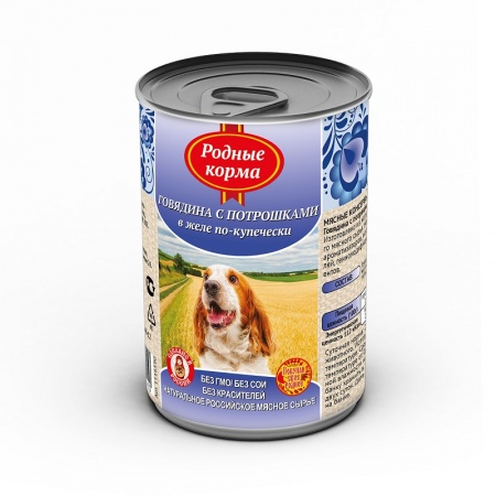 Консервы для собак "Родные корма" Говядина с потрошками в желе по-купечески 410 гр.